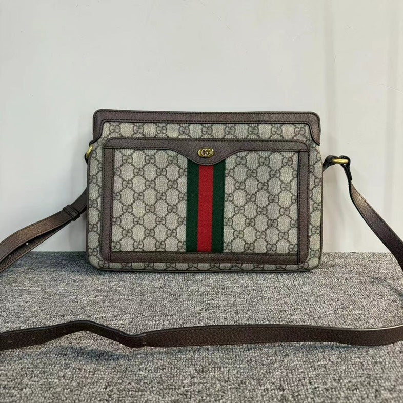 Gucci Gucci Supreme Beige Coated Canvas Brown Leather Crossbody Bag MeDiorum