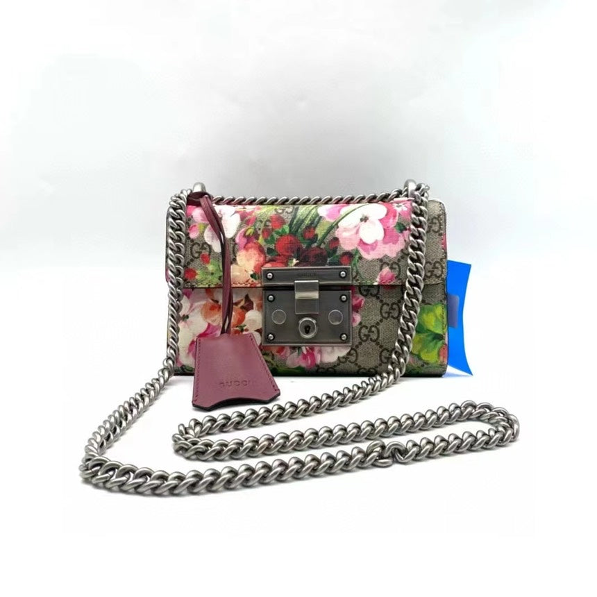 Gucci Padlock Small Flora Print Shoulder Bag with SiLouis Vuittoner Chain Strap