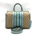Gucci Boston Beige Blue Monogram Canvas Leather Stripe Shoulder Bag Large
