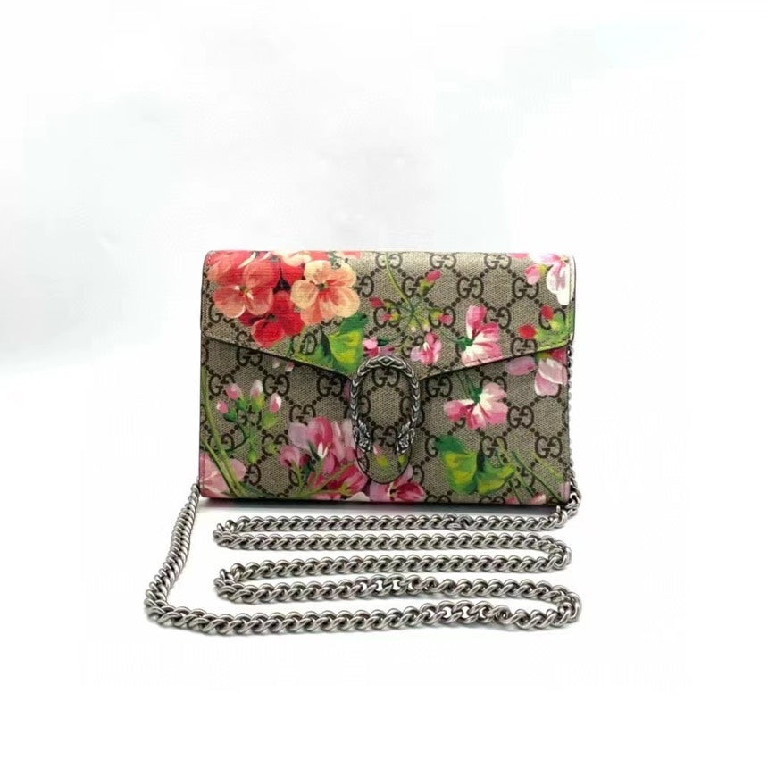 Gucci Dioronysus Floral Canvas Chain Wallet Crossbody Bag Beige Pink MeDiorum