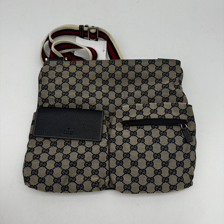 Gucci Canvas Beige Crossbody Bag with Black Leather Trim MeDiorum