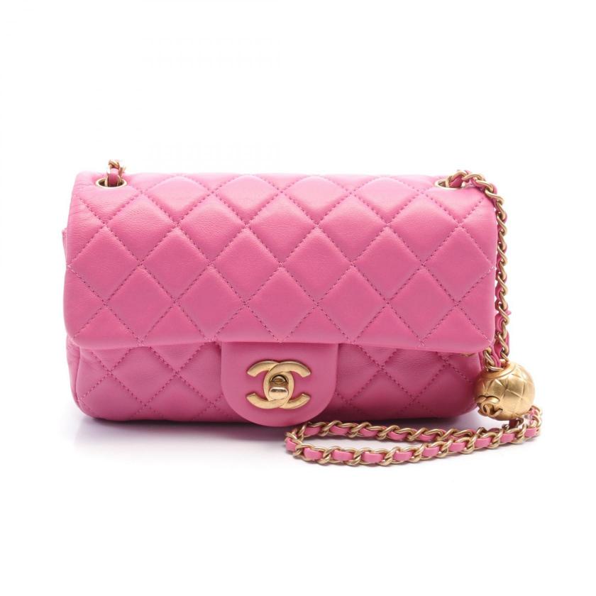 Chanel Matelasse Pink Leather Mini Flap Bag Gold Chain Shoulder Bag