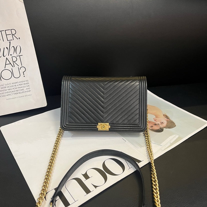 Chanel Leboy Black Gold V-Pattern WOC Shoulder Crossbody Bag