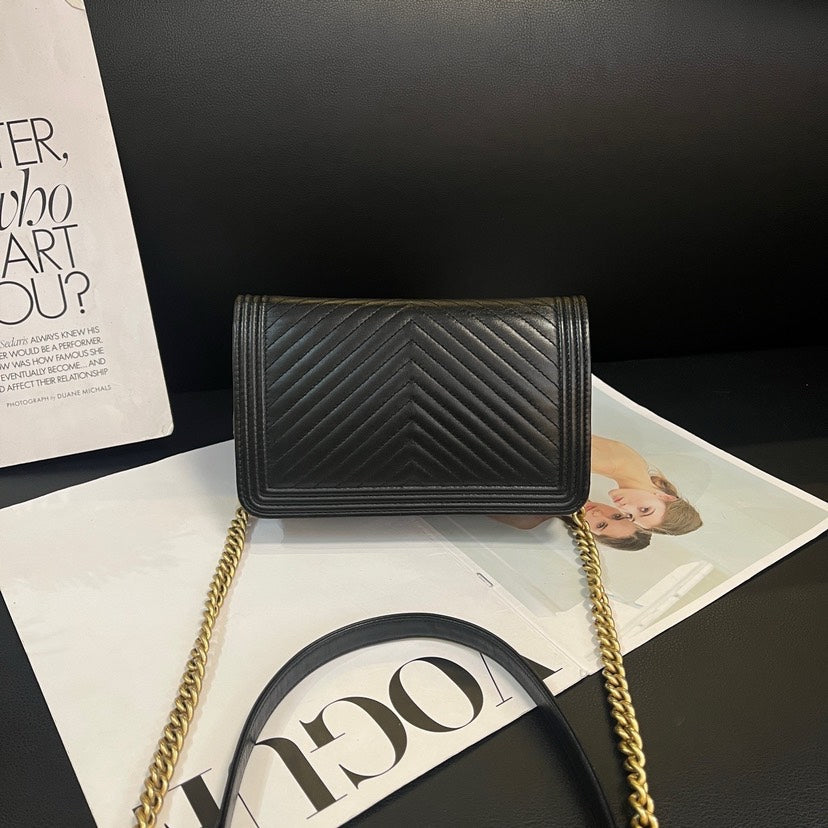 Chanel Leboy Black Gold V-Pattern WOC Shoulder Crossbody Bag