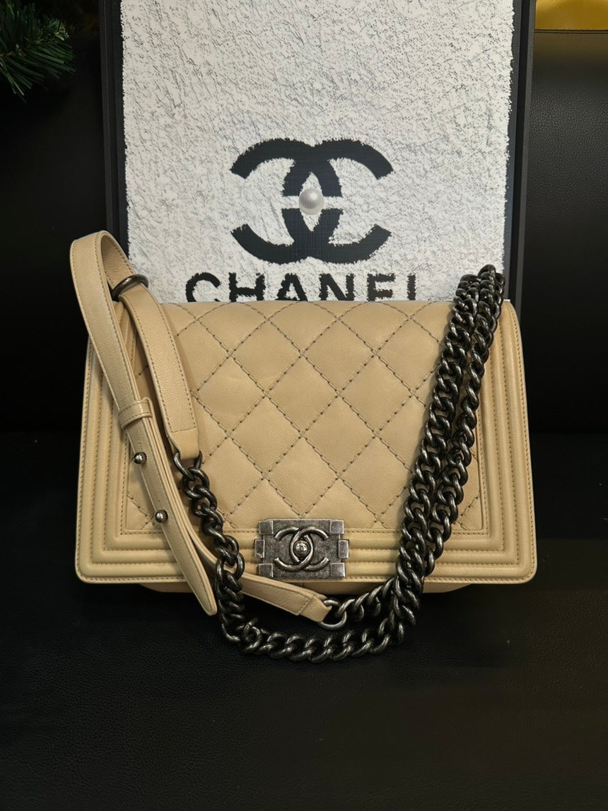 Chanel LeBoy Milk Tea Leather Quilted Crossbody One Shoulder Bag