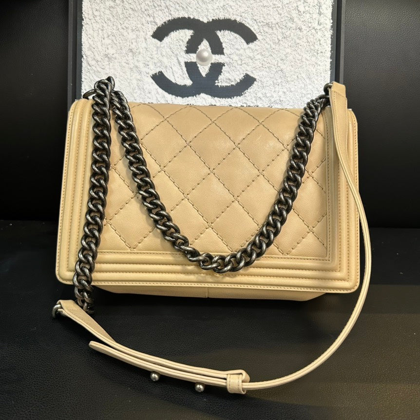 Chanel LeBoy Milk Tea Leather Quilted Crossbody One Shoulder Bag