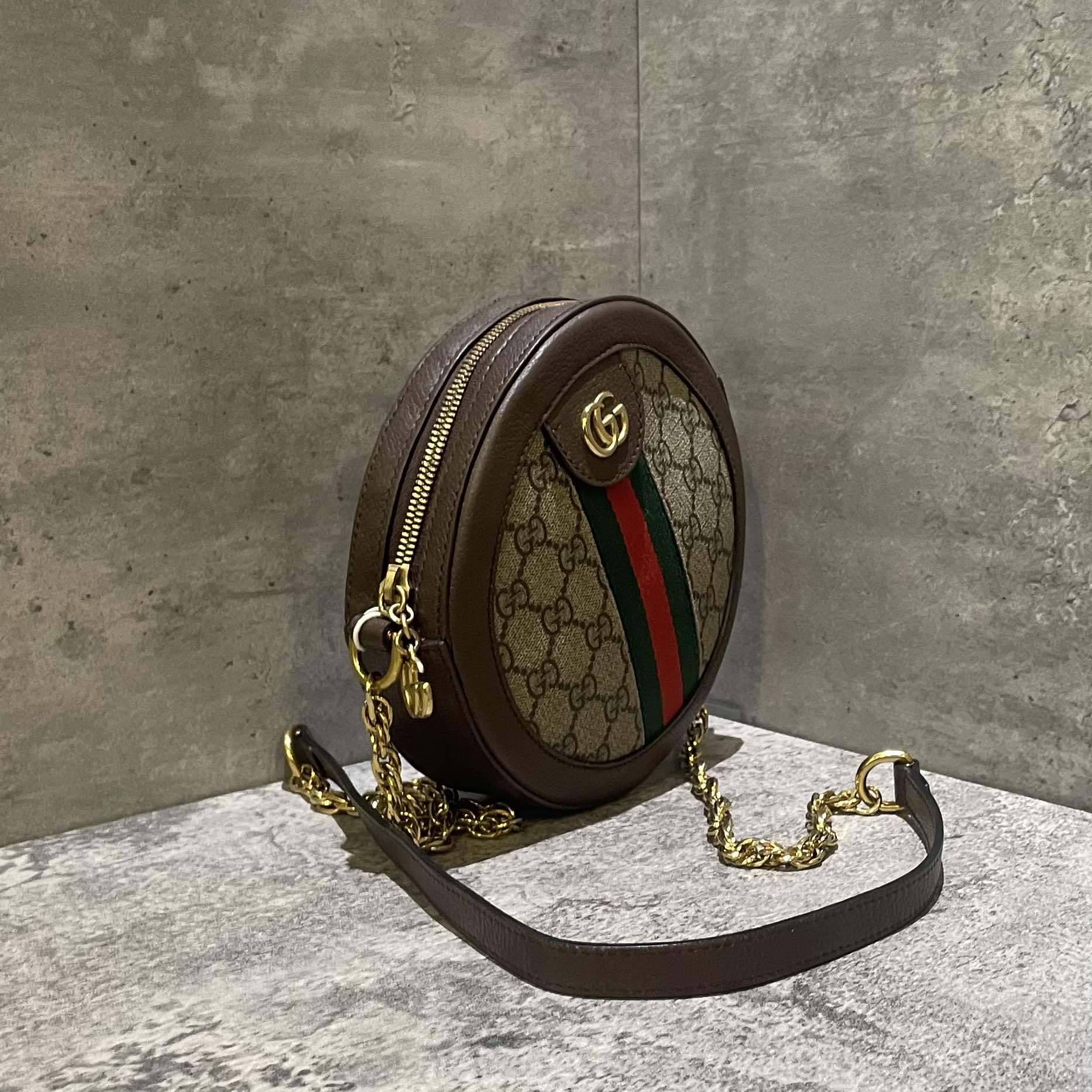 Gucci Ophidia GG Supreme Canvas Round Shoulder Bag Brown Small