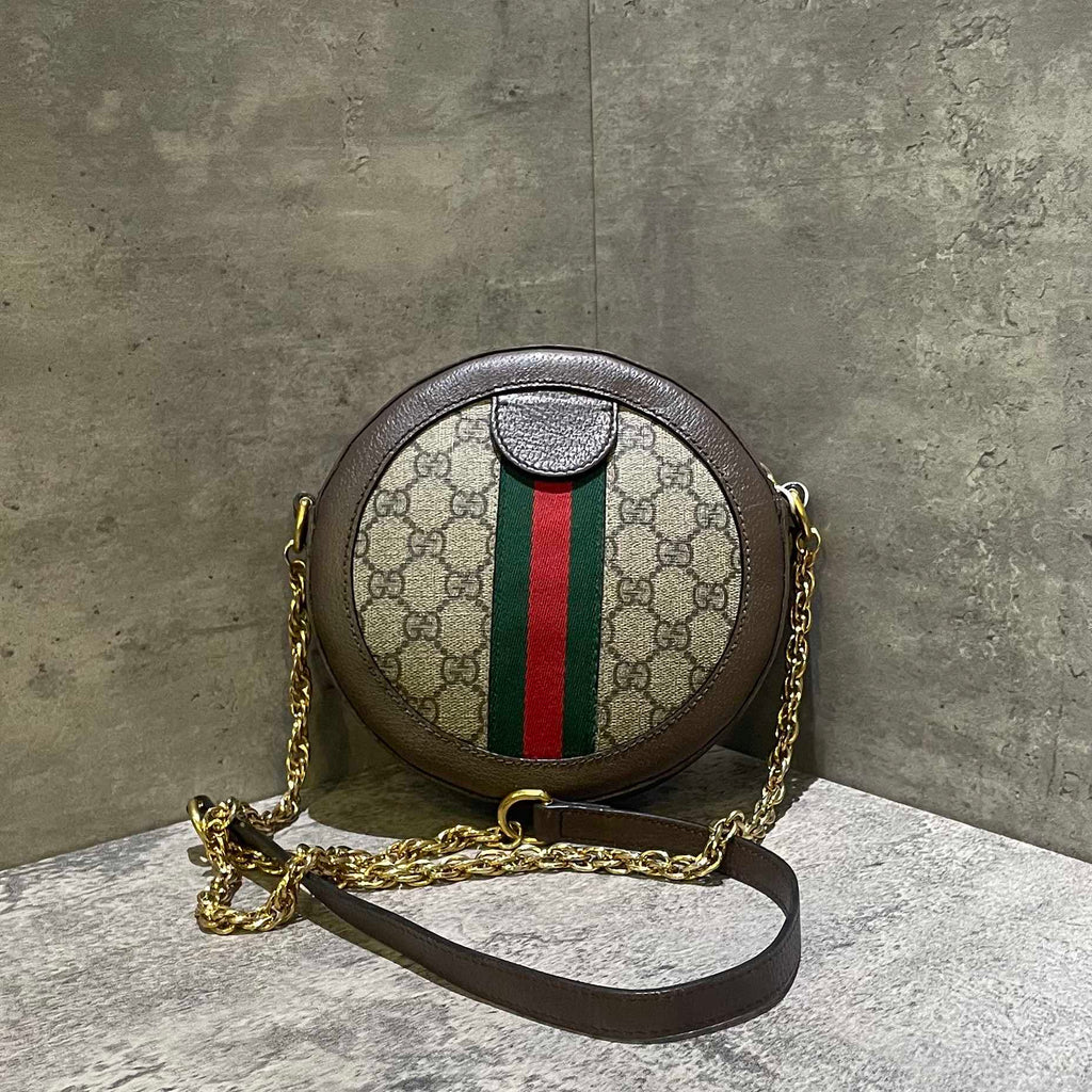 Gucci Ophidia GG Supreme Canvas Round Shoulder Bag Brown Small