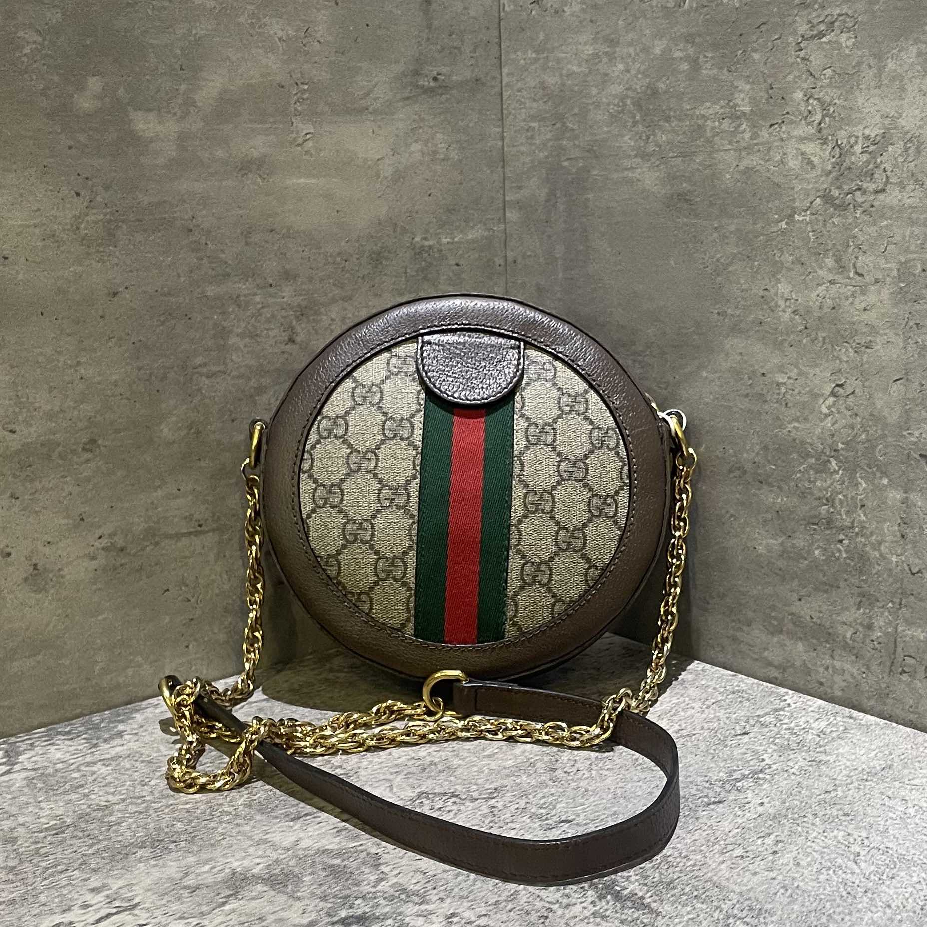 Gucci Ophidia GG Supreme Canvas Round Shoulder Bag Brown Small