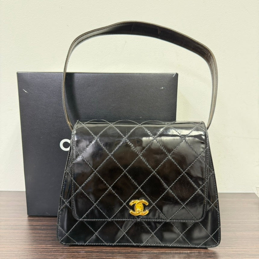 Chanel Vintage Black Patent Leather Turn-lock Shoulder Bag