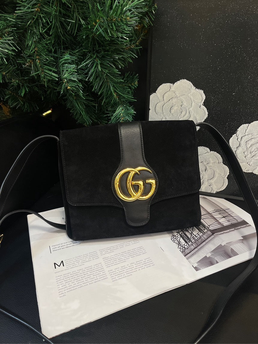 Gucci Arli Black Gold Suede Leather MeDiorum Crossbody Bag