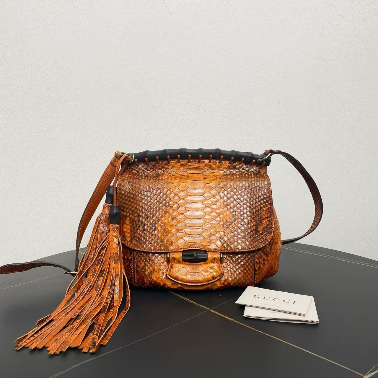 Gucci Python Leather Shoulder Bag Brown Medium
