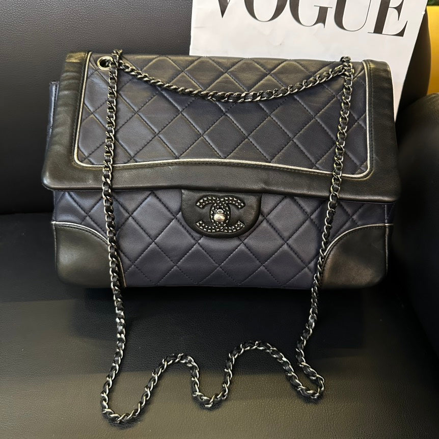 Chanel Color-Blocked Sheepskin CF Chain Crossbody Bag Black and Grey MeDiorum