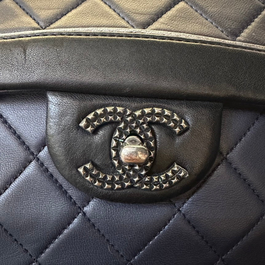 Chanel Color-Blocked Sheepskin CF Chain Crossbody Bag Black and Grey MeDiorum