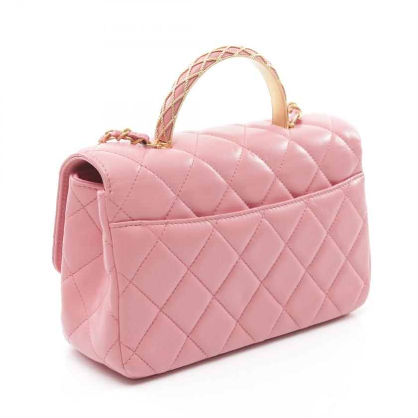 Chanel Matelasse Pink Lambskin Top Handle Flap Chain Shoulder Bag Gold Hardware 2WAY