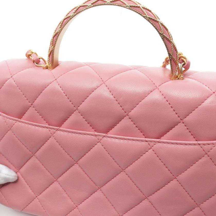 Chanel Matelasse Pink Lambskin Top Handle Flap Chain Shoulder Bag Gold Hardware 2WAY