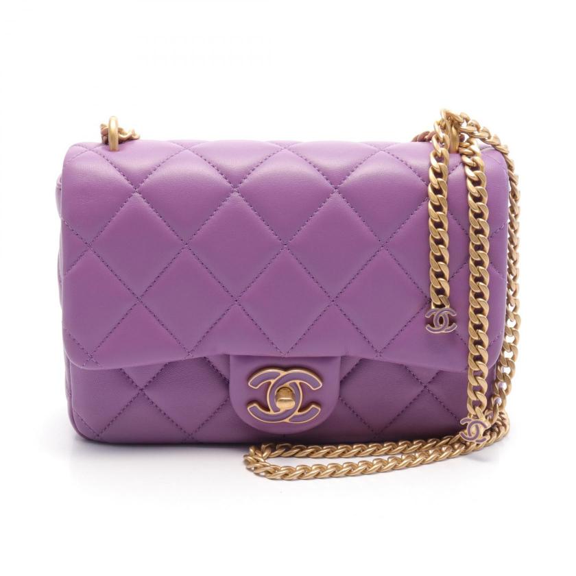 Chanel Matelasse Purple Lambskin Chain Shoulder Bag Gold Hardware