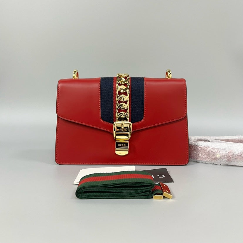 Gucci SyLouis Vuittonie Medium Red Leather Shoulder Bag 25.5x17x8cm