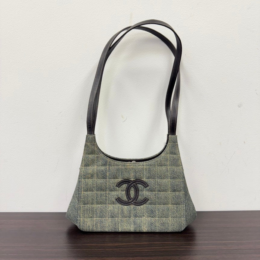 Chanel Denim Leather Shoulder Bag Green Medium