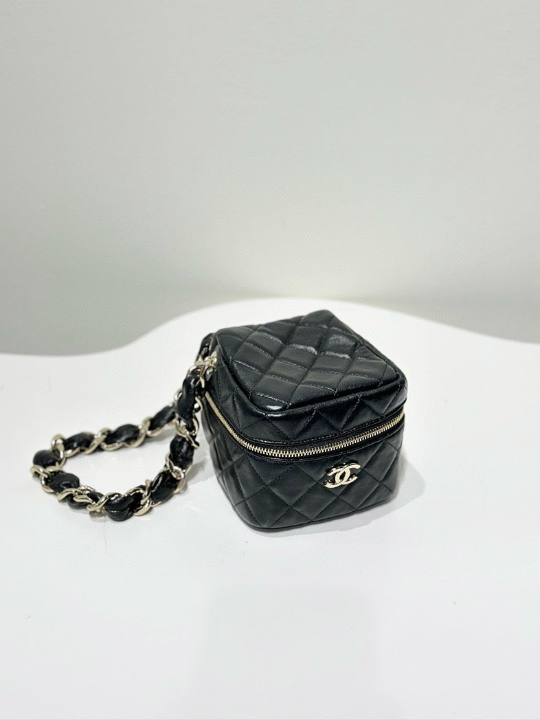 Chanel Box Black Leather Quilted Chain Shoulder Bag Small Size