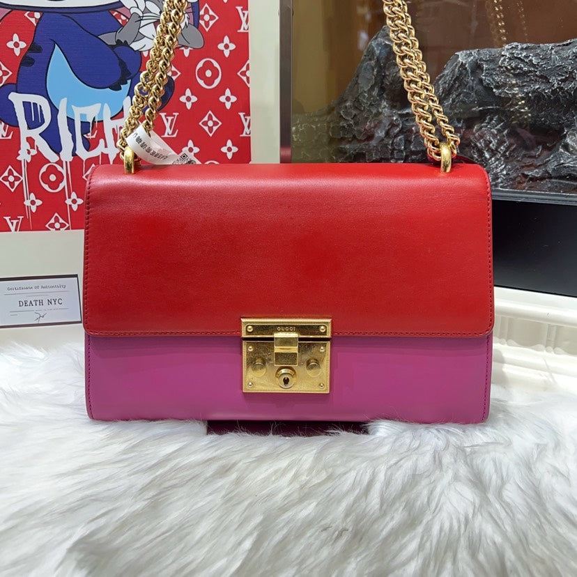 Gucci Padlock M Red Pink Leather Chain Shoulder Bag