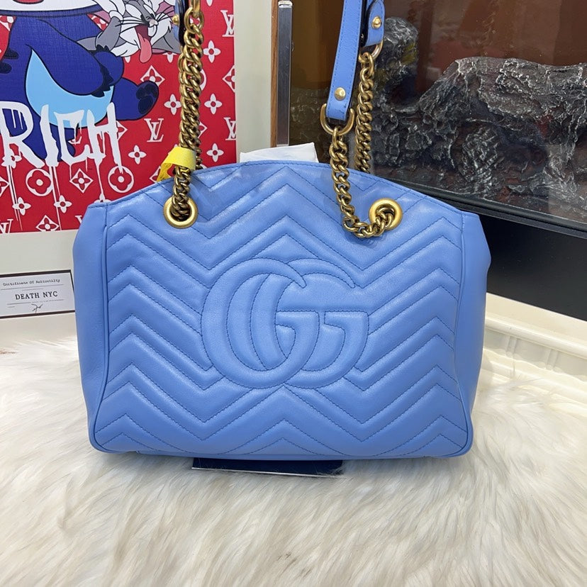 Gucci Marmont Blue Leather Quilted Shoulder Bag Medium