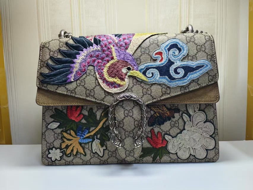 Gucci Dionysus Beige GG Supreme Embroidered Shoulder Bag Medium