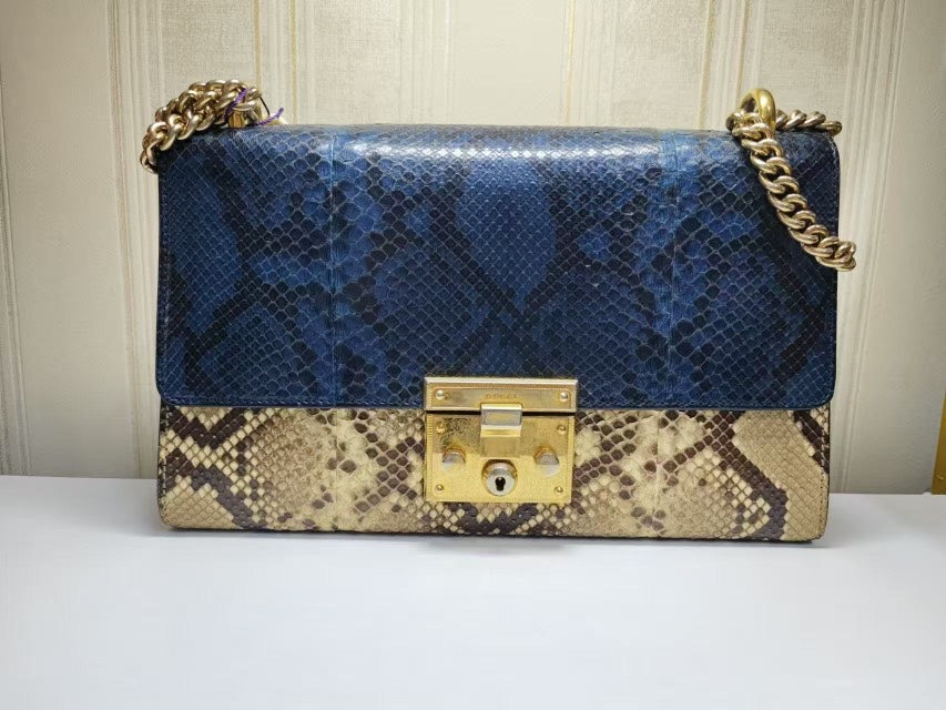 Gucci Padlock Blue Tan Python Leather Shoulder Bag Medium