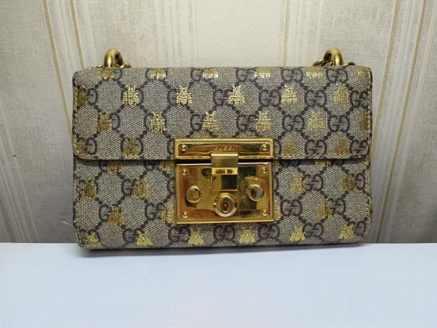 Gucci Padlock GG Supreme Bee Canvas Small Shoulder Bag Beige Gold