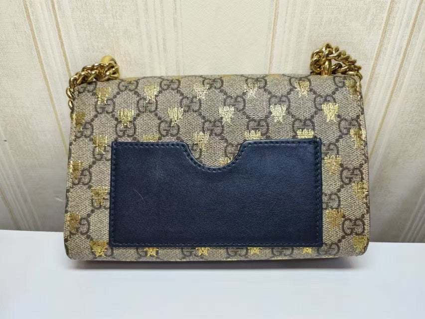 Gucci Padlock GG Supreme Bee Canvas Small Shoulder Bag Beige Gold