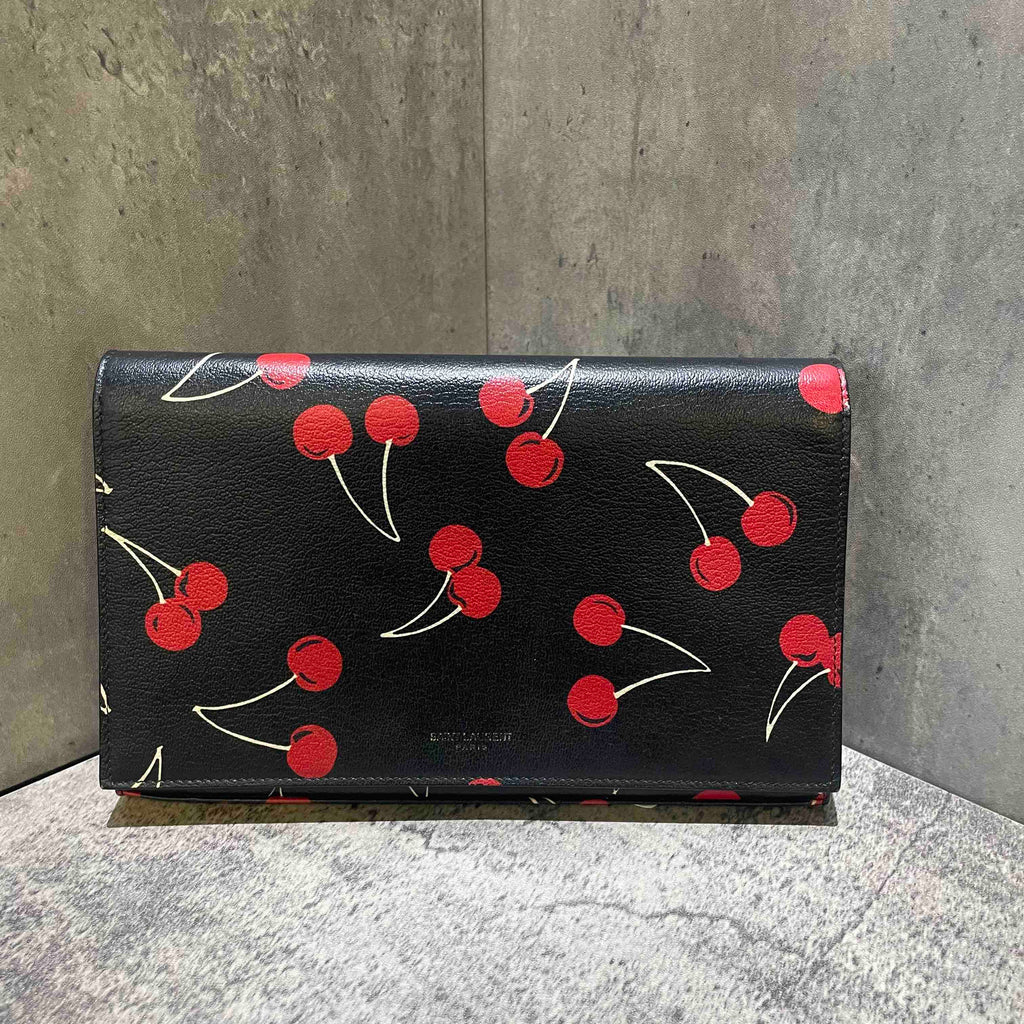 Saint Laurent Kate Black Cherry Print Leather Clutch Bag Medium