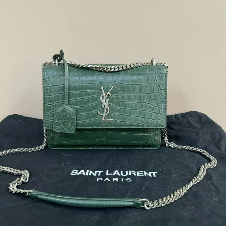 Saint Laurent Sunset Bag Green CrocoDiorle Embossed Leather Crossbody