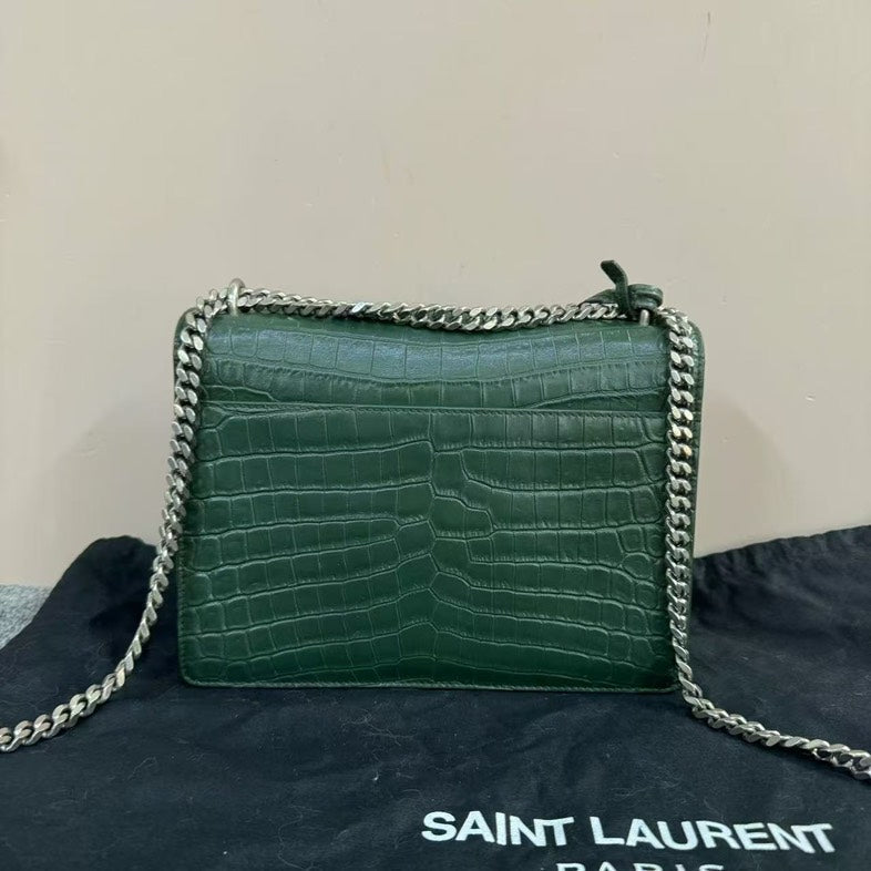 Saint Laurent Sunset Bag Green CrocoDiorle Embossed Leather Crossbody