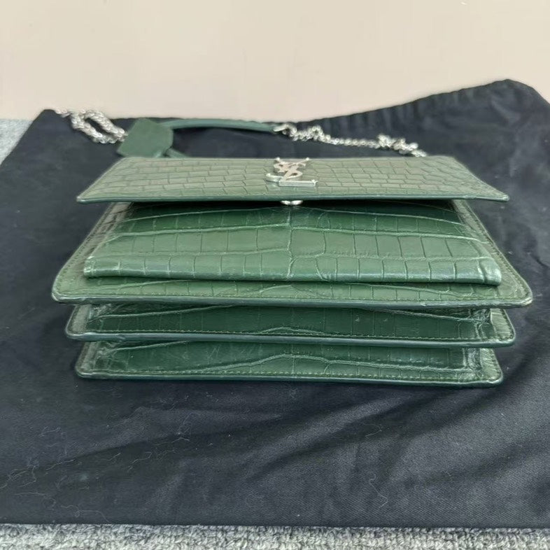 Saint Laurent Sunset Bag Green CrocoDiorle Embossed Leather Crossbody
