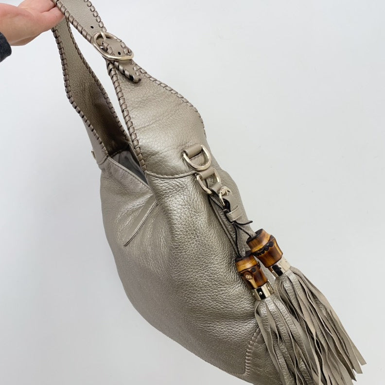 Gucci Bamboo Beige Leather Two Way Shoulder Bag Medium