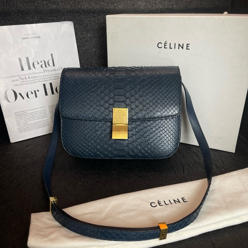 Celineline Blue Snakeskin Box Tofu Shoulder Bag