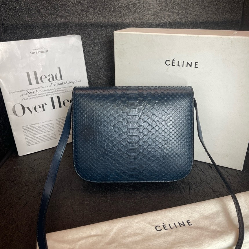 Celineline Blue Snakeskin Box Tofu Shoulder Bag