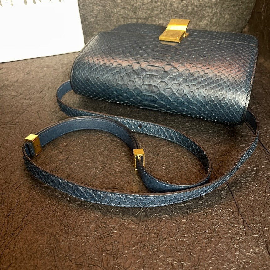 Celineline Blue Snakeskin Box Tofu Shoulder Bag