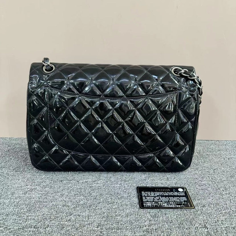 Chanel Classic Flap Black Patent Leather Quilted Bag Medium