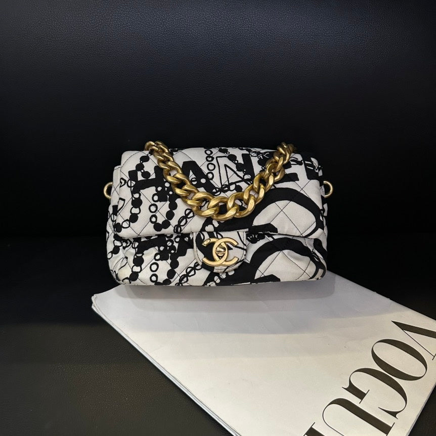 Chanel CF Grafti Black White Canvas Chain Crossbody Bag Mini