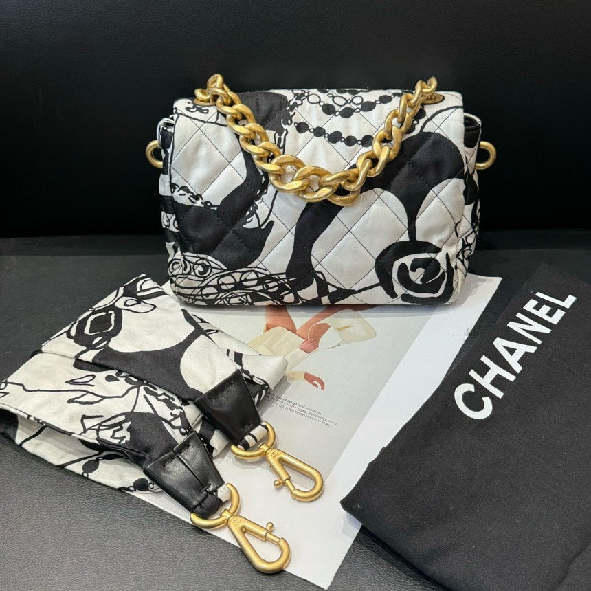 Chanel CF Grafti Black White Canvas Chain Crossbody Bag Mini