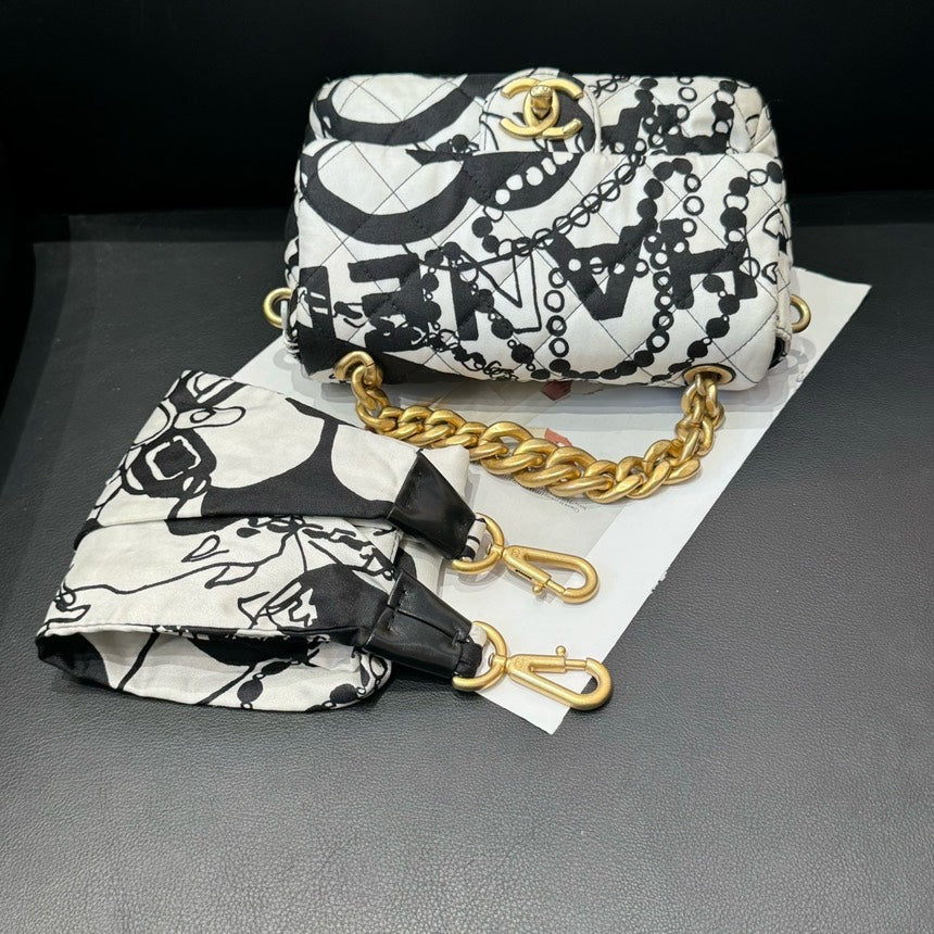 Chanel CF Grafti Black White Canvas Chain Crossbody Bag Mini