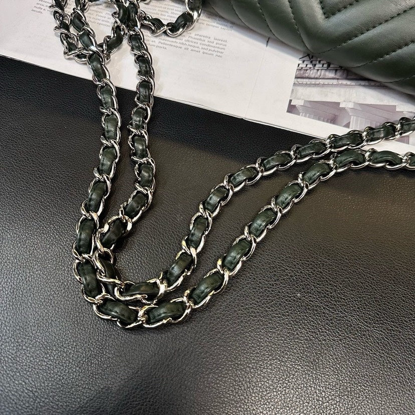 Chanel Dark Green CF V-Pattern Leather Crossbody Bag MeDiorum