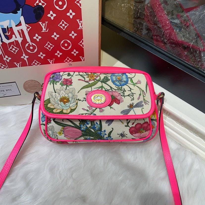 Gucci Floral Canvas Pink Leather Crossbody Bag MeDiorum