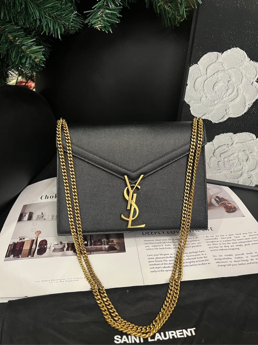 Saint Laurent Cassandra Black Gold Leather Crossbody Bag Small