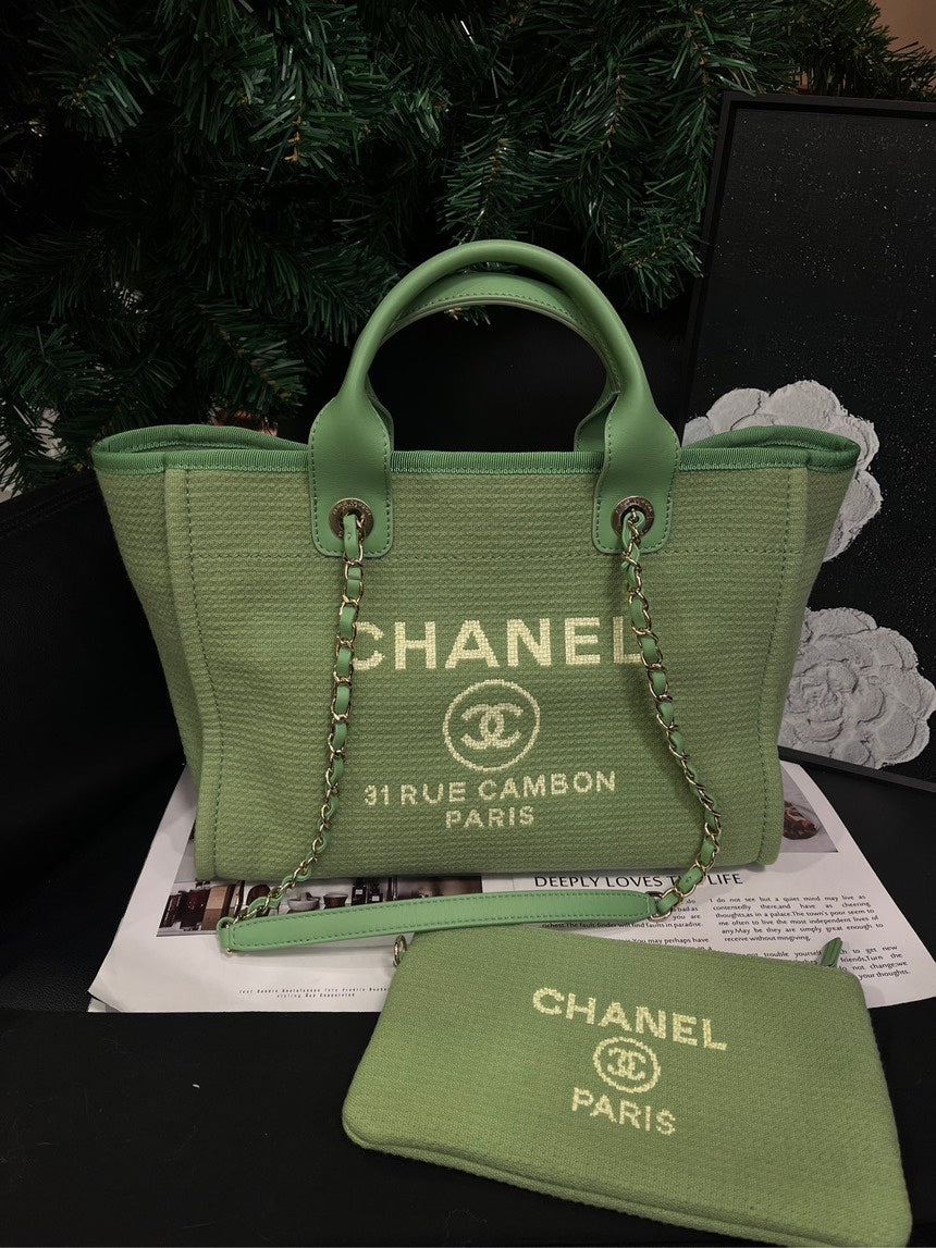 Chanel Grass Green Canvas Single Shoulder Bag and Pouch Set