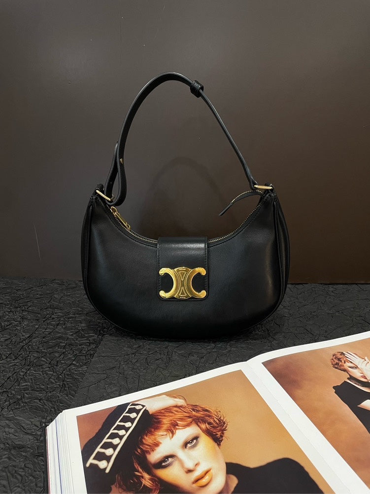 Celineline Triomphe Ave Black Leather Hobo Shoulder Bag Medium
