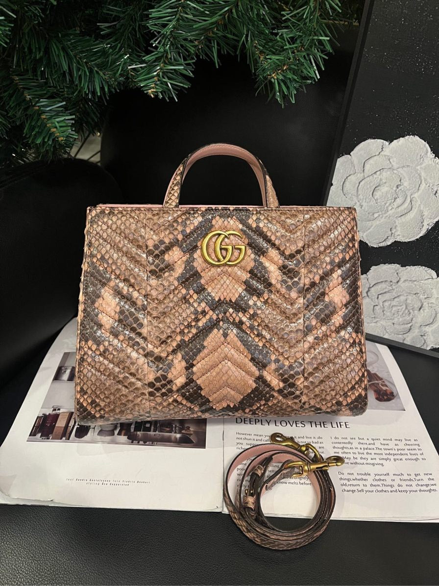 Gucci Snake Skin Tote Shoulder Bag Brown Medium