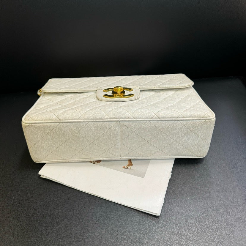 Chanel Vintage CF Maxi White Quilted Leather Shoulder Bag 30x21x8cm