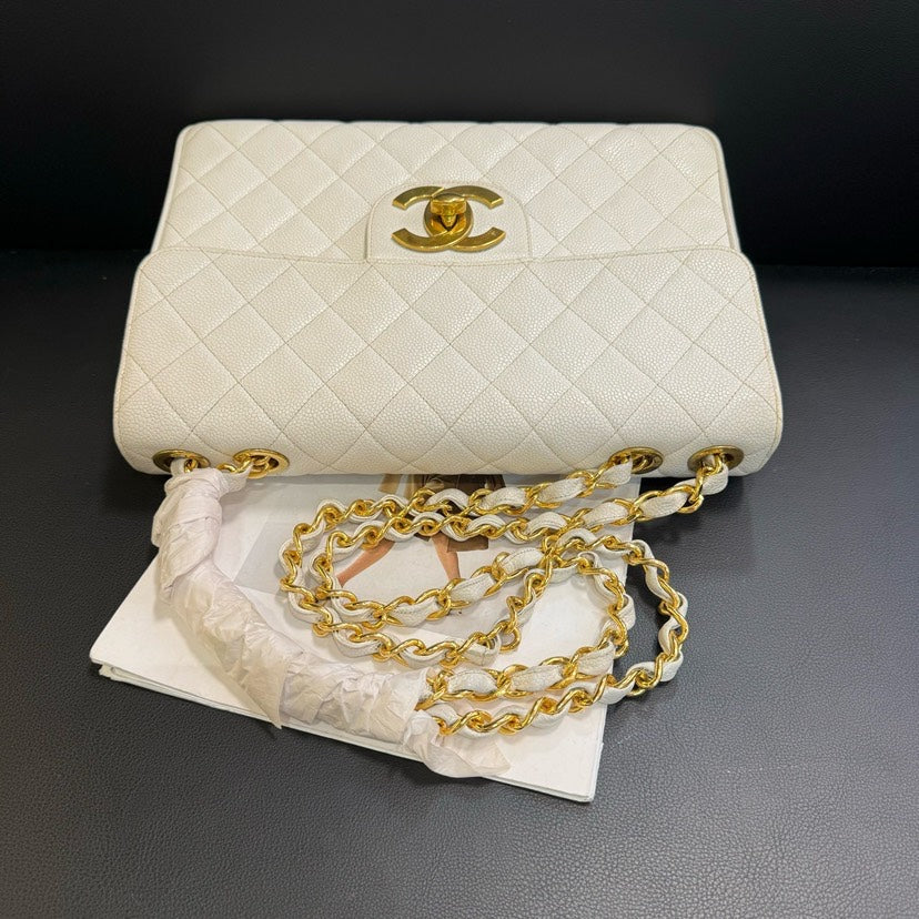 Chanel Vintage CF Maxi White Quilted Leather Shoulder Bag 30x21x8cm